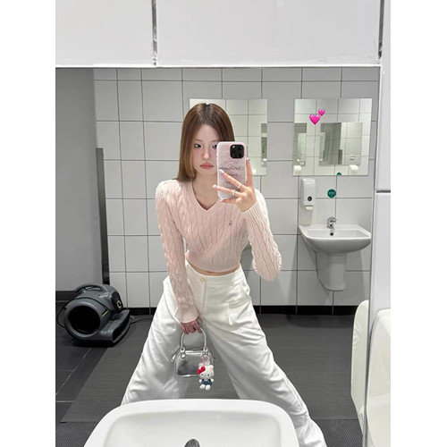 粉色V領短款毛衣針織衫女春秋2026新款內搭打底衫甜辣妹收腰上衣 粉色V領短款毛衣針織衫女春秋2026新款內搭打底衫甜辣妹收腰上衣