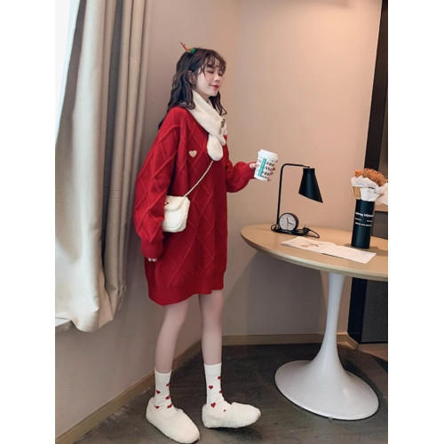 中長款針織打底毛衣裙女秋冬新款大碼胖妹妹寬鬆慵嬾風長袖連衣裙