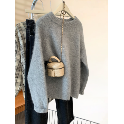 灰色圓領套頭軟糯毛衣女秋冬2025新款慵嬾寬鬆加厚羊毛打底針織衫