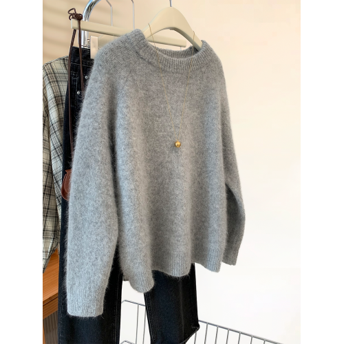 灰色圓領套頭軟糯毛衣女秋冬2025新款慵嬾寬鬆加厚羊毛打底針織衫