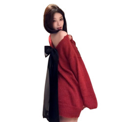 紅色跨年蝴蝶結露背v領毛衣女秋冬2026新款慵嬾風高級感針織上衣