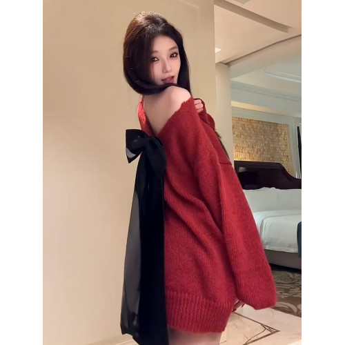 紅色跨年蝴蝶結露背v領毛衣女秋冬2026新款慵嬾風高級感針織上衣