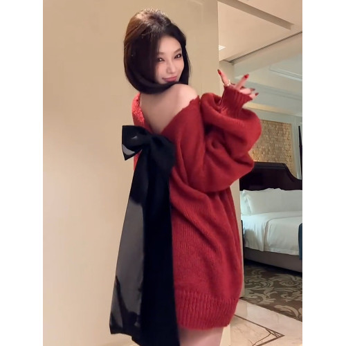 紅色跨年蝴蝶結露背v領毛衣女秋冬2026新款慵嬾風高級感針織上衣