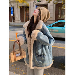 日系復古羊羔毛牛仔外套女冬季爆款寬松加絨棉衣服小個子加厚棉襖