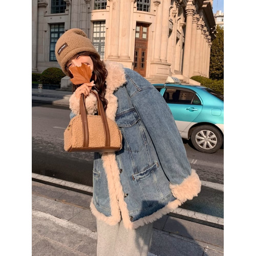 日系復古羊羔毛牛仔外套女冬季爆款寬松加絨棉衣服小個子加厚棉襖 日系復古羊羔毛牛仔外套女冬季爆款寬松加絨棉衣服小個子加厚棉襖