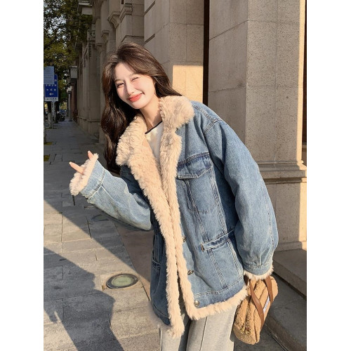 日系復古羊羔毛牛仔外套女冬季爆款寬松加絨棉衣服小個子加厚棉襖 日系復古羊羔毛牛仔外套女冬季爆款寬松加絨棉衣服小個子加厚棉襖