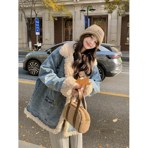 日系復古羊羔毛牛仔外套女冬季爆款寬松加絨棉衣服小個子加厚棉襖 日系復古羊羔毛牛仔外套女冬季爆款寬松加絨棉衣服小個子加厚棉襖