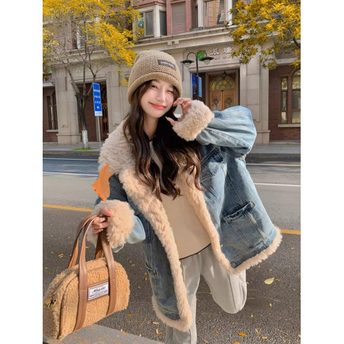 日系復古羊羔毛牛仔外套女冬季爆款寬松加絨棉衣服小個子加厚棉襖 日系復古羊羔毛牛仔外套女冬季爆款寬松加絨棉衣服小個子加厚棉襖