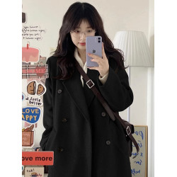 高級感黑色毛呢外套女冬季2025新款韓系小個子中長款呢子大衣加厚