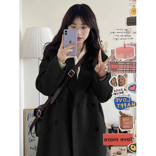 高級感黑色毛呢外套女冬季2025新款韓系小個子中長款呢子大衣加厚 高級感黑色毛呢外套女冬季2025新款韓系小個子中長款呢子大衣加厚