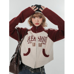 Girlyhalo美式復古撞色高領毛衣女秋冬新款短款慵懶針織開衫外套