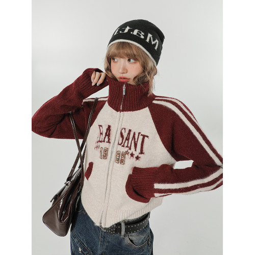 Girlyhalo美式復古撞色高領毛衣女秋冬新款短款慵懶針織開衫外套 Girlyhalo美式復古撞色高領毛衣女秋冬新款短款慵懶針織開衫外套