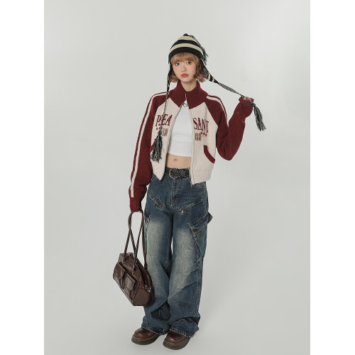 Girlyhalo美式復古撞色高領毛衣女秋冬新款短款慵懶針織開衫外套 Girlyhalo美式復古撞色高領毛衣女秋冬新款短款慵懶針織開衫外套