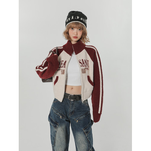 Girlyhalo美式復古撞色高領毛衣女秋冬新款短款慵懶針織開衫外套 Girlyhalo美式復古撞色高領毛衣女秋冬新款短款慵懶針織開衫外套