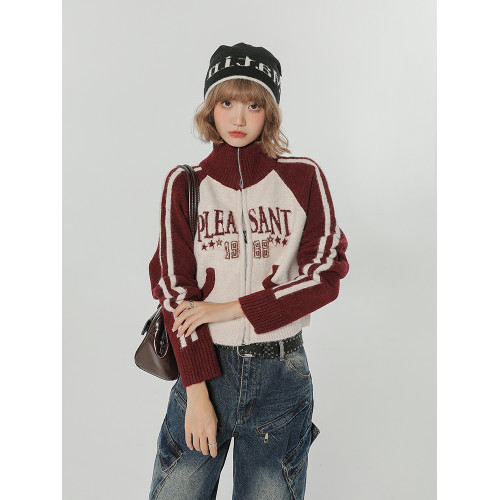 Girlyhalo美式復古撞色高領毛衣女秋冬新款短款慵懶針織開衫外套 Girlyhalo美式復古撞色高領毛衣女秋冬新款短款慵懶針織開衫外套