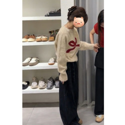 韓系甜美減齡蝴蝶結圓領長袖毛衣女秋冬日系軟糯外穿針織衫上衣