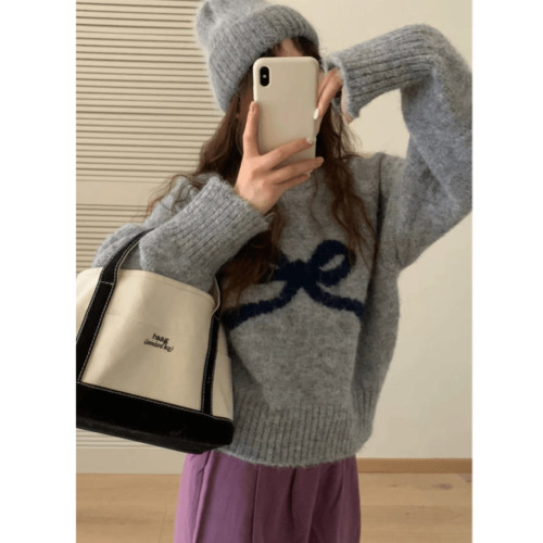 韓系甜美減齡蝴蝶結圓領長袖毛衣女秋冬日系軟糯外穿針織衫上衣 韓系甜美減齡蝴蝶結圓領長袖毛衣女秋冬日系軟糯外穿針織衫上衣