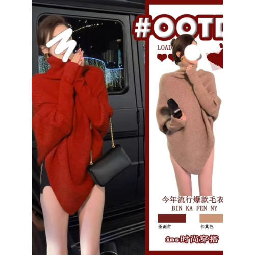氛圍感紅色高領長袖慵懶風毛衣秋季女裝新款設計感不規則修身上衣 氛圍感紅色高領長袖慵懶風毛衣秋季女裝新款設計感不規則修身上衣