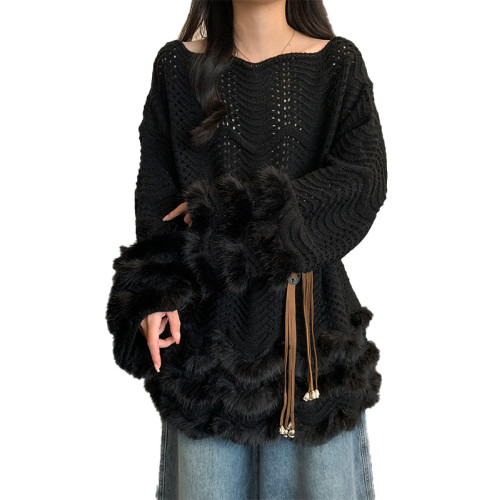 設計感鏤空毛絨長袖毛衣秋冬2025新款大碼女裝胖mm寬松針織衫上衣 設計感鏤空毛絨長袖毛衣秋冬2025新款大碼女裝胖mm寬松針織衫上衣