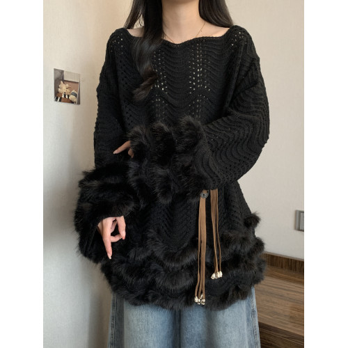 設計感鏤空毛絨長袖毛衣秋冬2025新款大碼女裝胖mm寬松針織衫上衣 設計感鏤空毛絨長袖毛衣秋冬2025新款大碼女裝胖mm寬松針織衫上衣