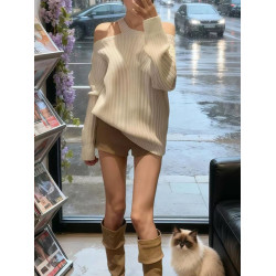 設計感針織衫女秋冬氣質高級感毛衣女巨好看掛脖斜肩寬松慵懶上衣