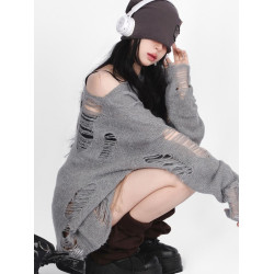 韓系小衆斜肩上衣休閒慵嬾套裝寬鬆女秋季破洞鏤空毛衣長袖女潮