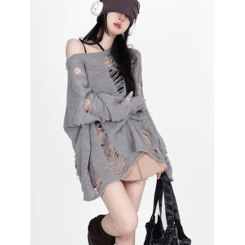 韓系小衆斜肩上衣休閒慵嬾套裝寬鬆女秋季破洞鏤空毛衣長袖女潮