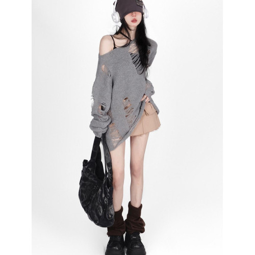 韓系小衆斜肩上衣休閒慵嬾套裝寬鬆女秋季破洞鏤空毛衣長袖女潮