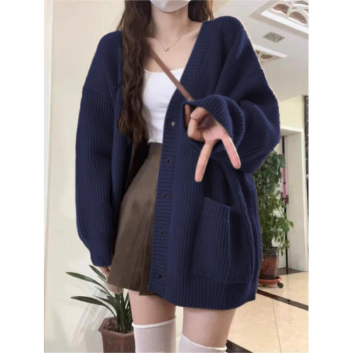 大碼胖MM毛衣外套女秋冬裝2026新款韓系寬鬆藏藍色多巴胺針織開衫