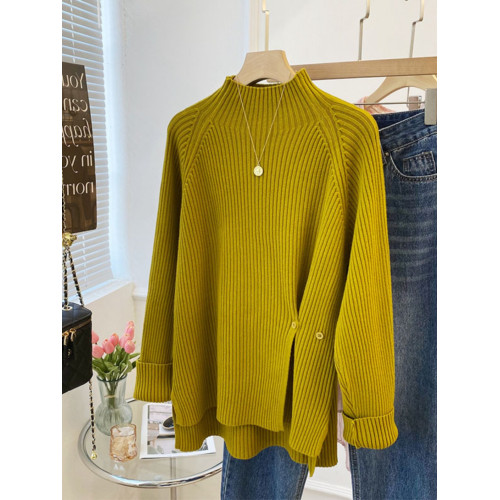 半高領開叉毛衣女秋冬新款韓版寬鬆小衆設計感外穿針織打底衫上衣