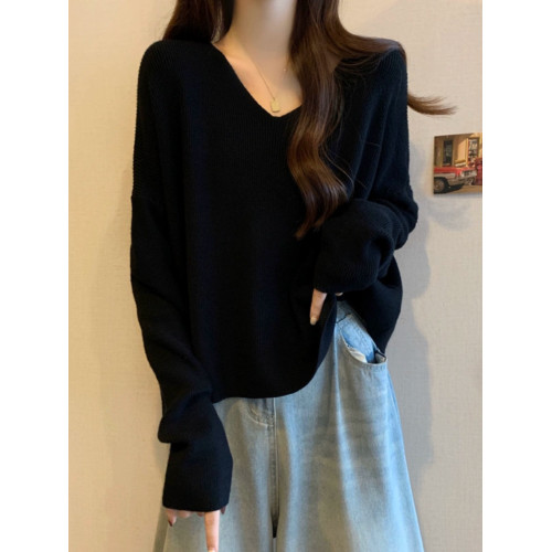 大碼女裝遮肚子慵嬾寬鬆V領毛衣打底衫胖mm韓版百搭顯瘦長袖上衣