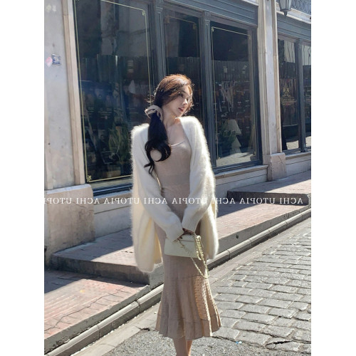 白色水貂絨開衫毛衣外套女軟糯寬鬆秋冬慵嬾風松弛感V領溫柔上衣