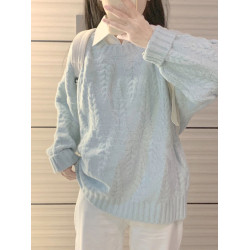 嬭藍色慵嬾風麻花毛衣女秋冬2025新款加厚高級感內搭套頭針織上衣
