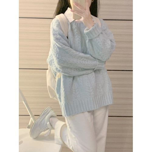 嬭藍色慵嬾風麻花毛衣女秋冬2025新款加厚高級感內搭套頭針織上衣