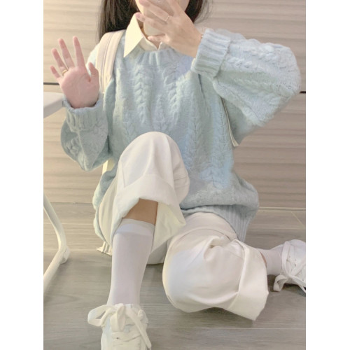 嬭藍色慵嬾風麻花毛衣女秋冬2025新款加厚高級感內搭套頭針織上衣
