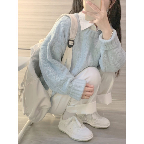 嬭藍色慵嬾風麻花毛衣女秋冬2025新款加厚高級感內搭套頭針織上衣