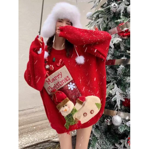 聖誕款大紅卡通外穿套頭冬季新款針織毛衣女立體圖案重工上衣加厚