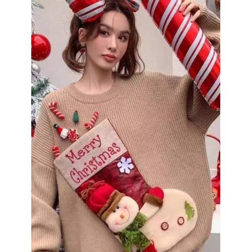 聖誕款大紅卡通外穿套頭冬季新款針織毛衣女立體圖案重工上衣加厚