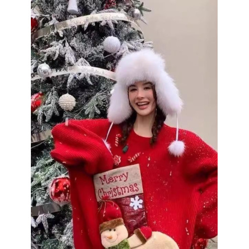 聖誕款大紅卡通外穿套頭冬季新款針織毛衣女立體圖案重工上衣加厚