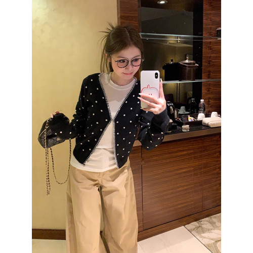 黑色V領波點開衫2025年新款曡穿設計感百搭顯瘦長袖上衣慵嬾外套