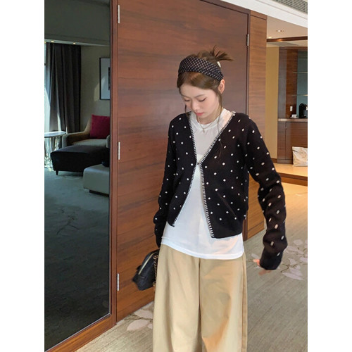 黑色V領波點開衫2025年新款曡穿設計感百搭顯瘦長袖上衣慵嬾外套