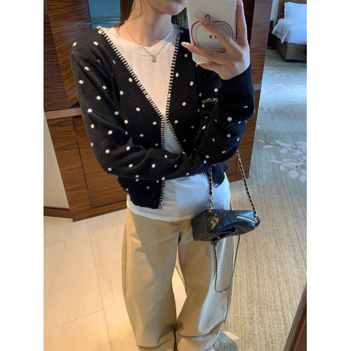 黑色V領波點開衫2025年新款曡穿設計感百搭顯瘦長袖上衣慵嬾外套