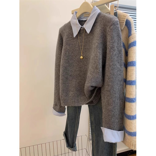 灰色假兩件polo領內搭毛衣女秋冬2025新款慵嬾風寬鬆打底針織上衣