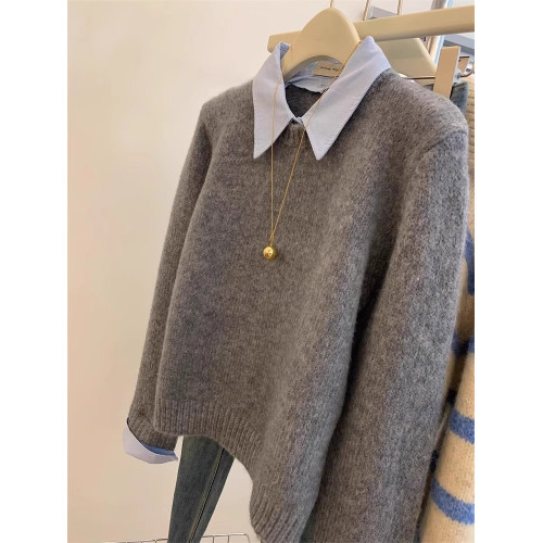 灰色假兩件polo領內搭毛衣女秋冬2025新款慵嬾風寬鬆打底針織上衣