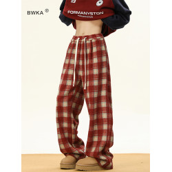 BWKA紅色格子毛呢加絨休閒褲女男冬季加厚保暖垂感直筒顯瘦濶腿褲