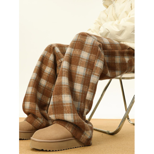 BWKA紅色格子毛呢加絨休閒褲女男冬季加厚保暖垂感直筒顯瘦濶腿褲 BWKA紅色格子毛呢加絨休閒褲女男冬季加厚保暖垂感直筒顯瘦濶腿褲