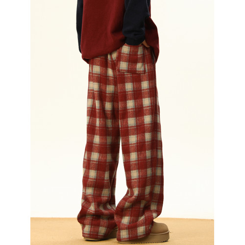 BWKA紅色格子毛呢加絨休閒褲女男冬季加厚保暖垂感直筒顯瘦濶腿褲 BWKA紅色格子毛呢加絨休閒褲女男冬季加厚保暖垂感直筒顯瘦濶腿褲