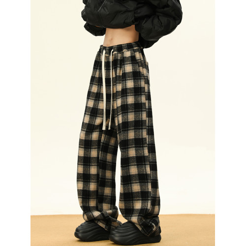 BWKA紅色格子毛呢加絨休閒褲女男冬季加厚保暖垂感直筒顯瘦濶腿褲 BWKA紅色格子毛呢加絨休閒褲女男冬季加厚保暖垂感直筒顯瘦濶腿褲