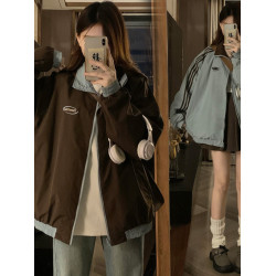 2025春秋新款正反兩面穿三條杠外套男女美式復古寬松情侶運動夾克