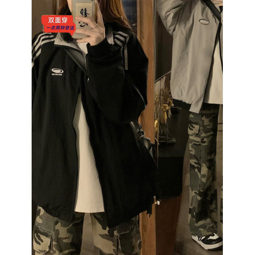 2025春秋新款正反兩面穿三條杠外套男女美式復古寬松情侶運動夾克 2025春秋新款正反兩面穿三條杠外套男女美式復古寬松情侶運動夾克